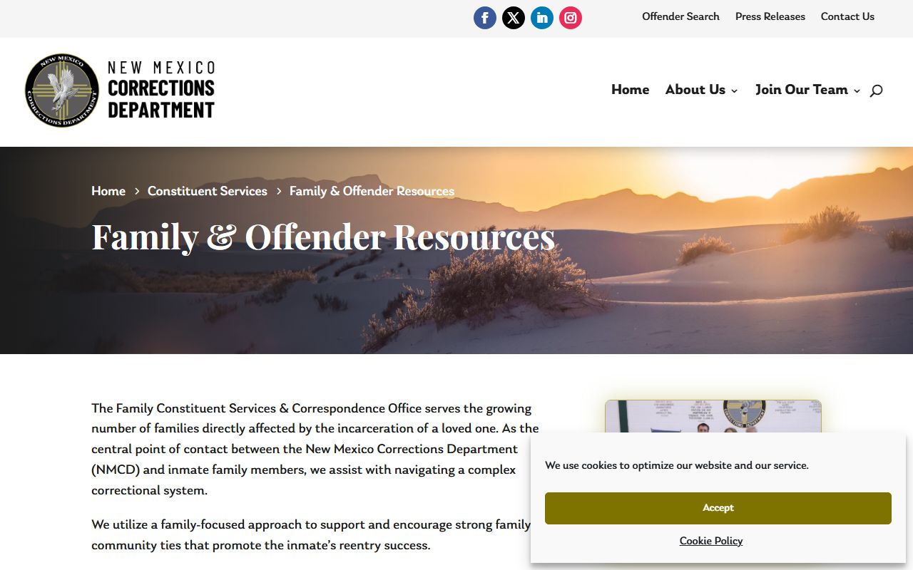 NMCD family resources page for mail visitation package and constituent services