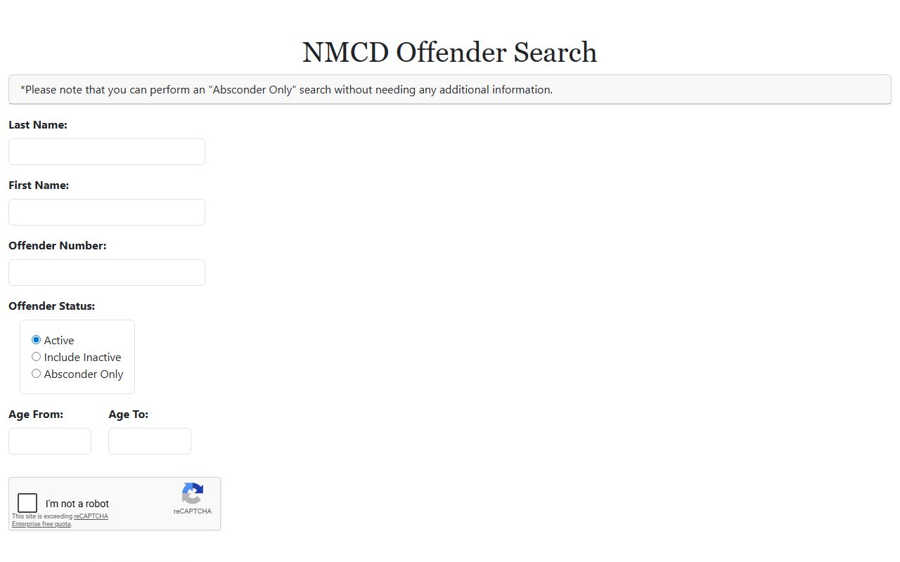 Union County state prison inmate lookup NMCD offender search form