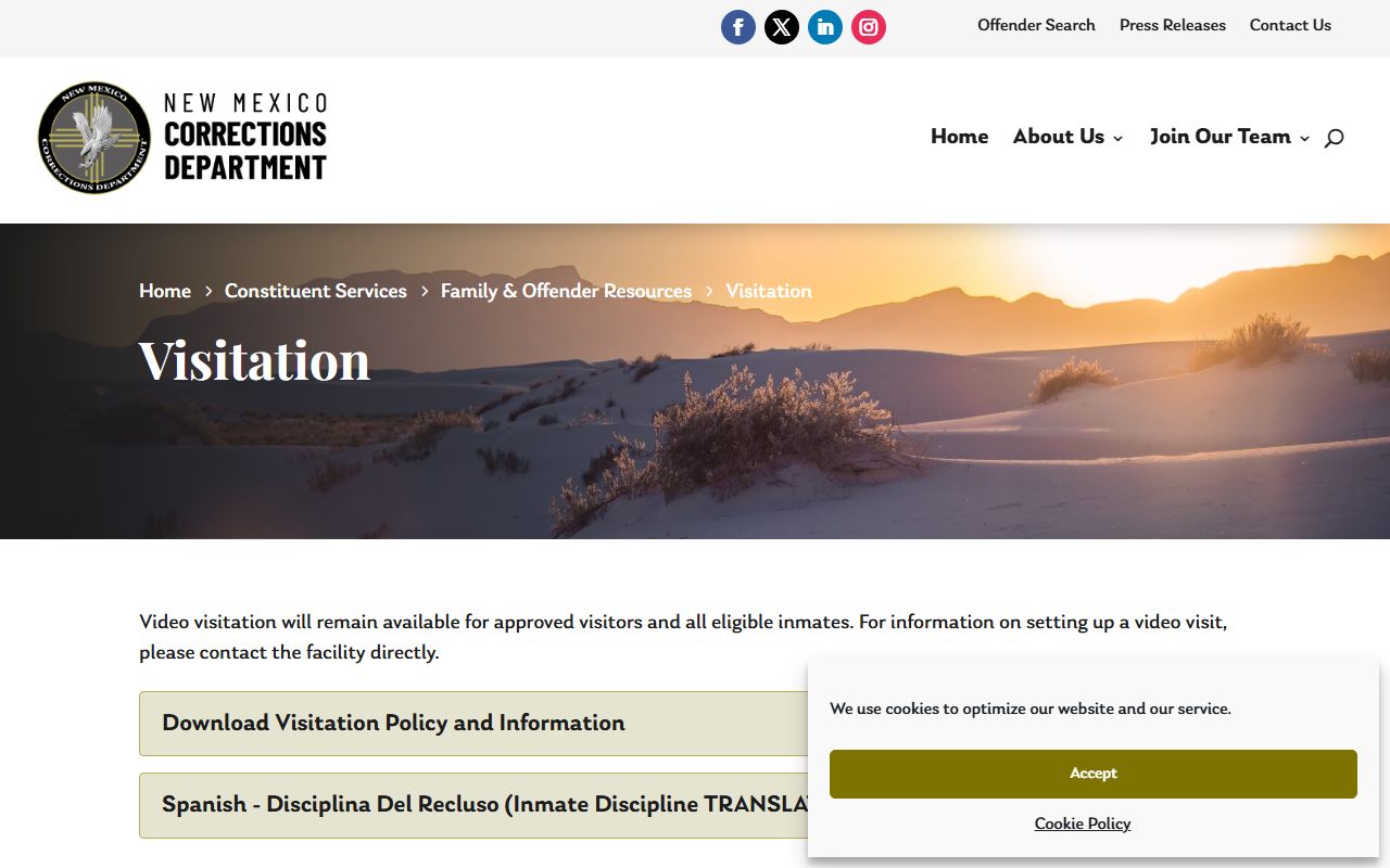NMCD visitation page showing Northeast New Mexico Correctional Facility schedule rules