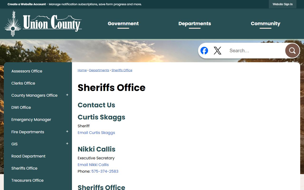 Official Union County Sheriff's Office page showing sheriff contact information